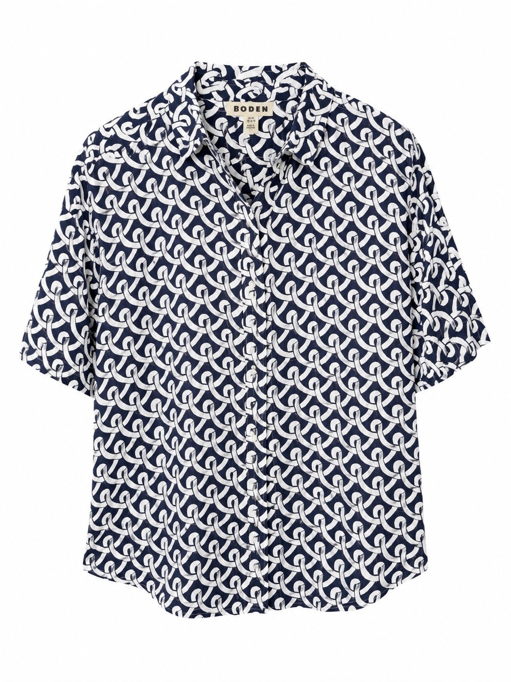 Boden Navy Chain Print 100% Linen Button Up Coastal Grandma Shirt- Sz XL‎